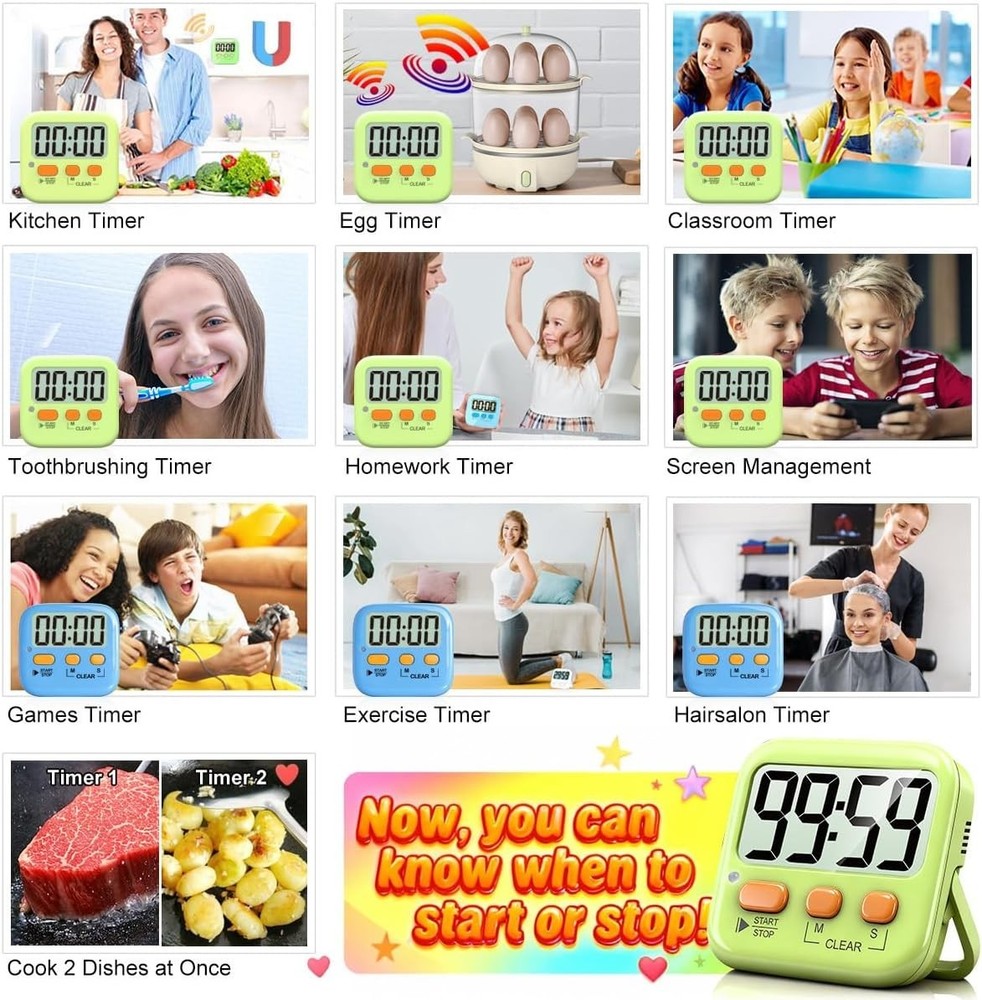 Versatile 2 Pack Kitchen & Classroom Timers - Loud/Silent Modes Included