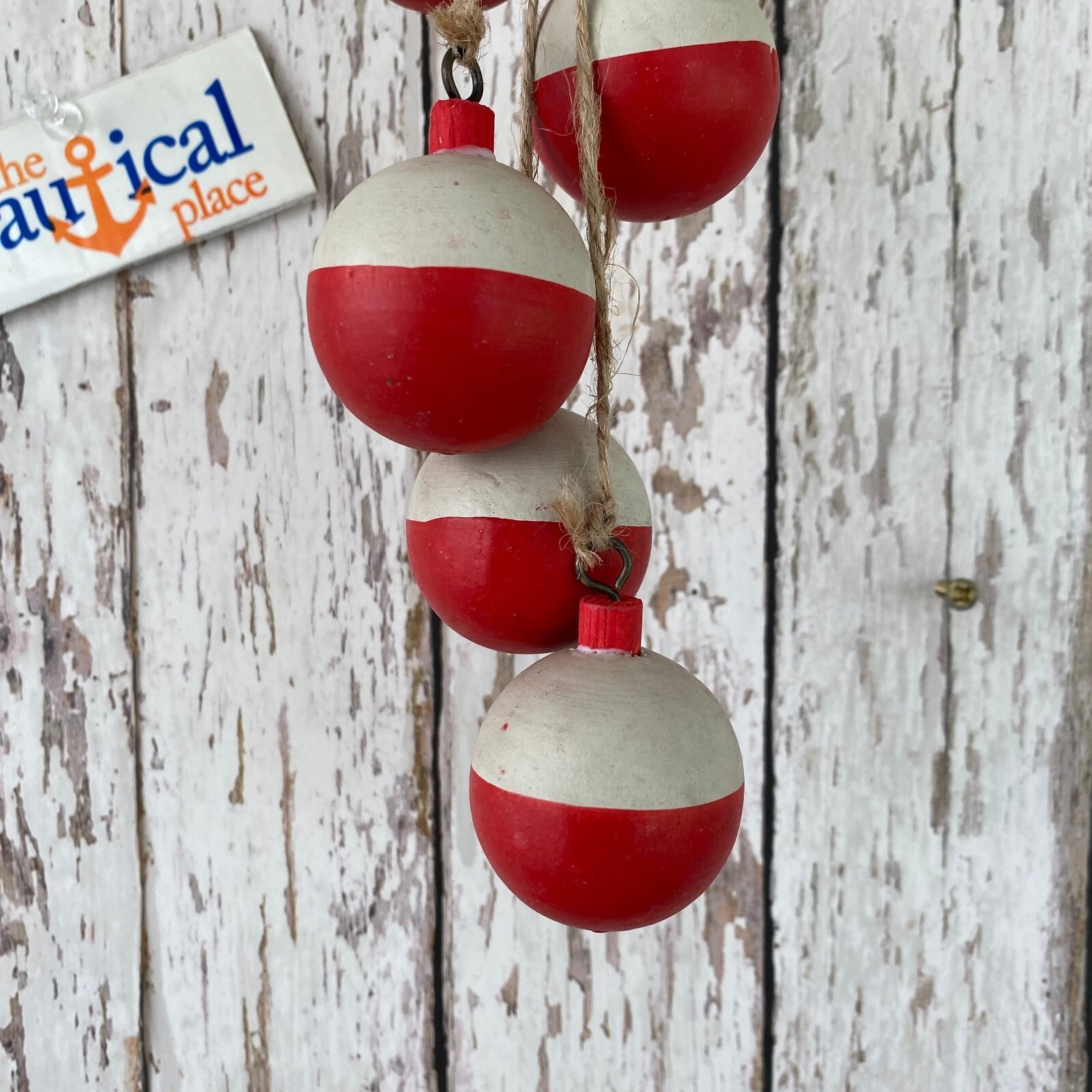 5 Wood Bobbers On Jute Rope, Distressed Red & White Fish Net Floats, Decor