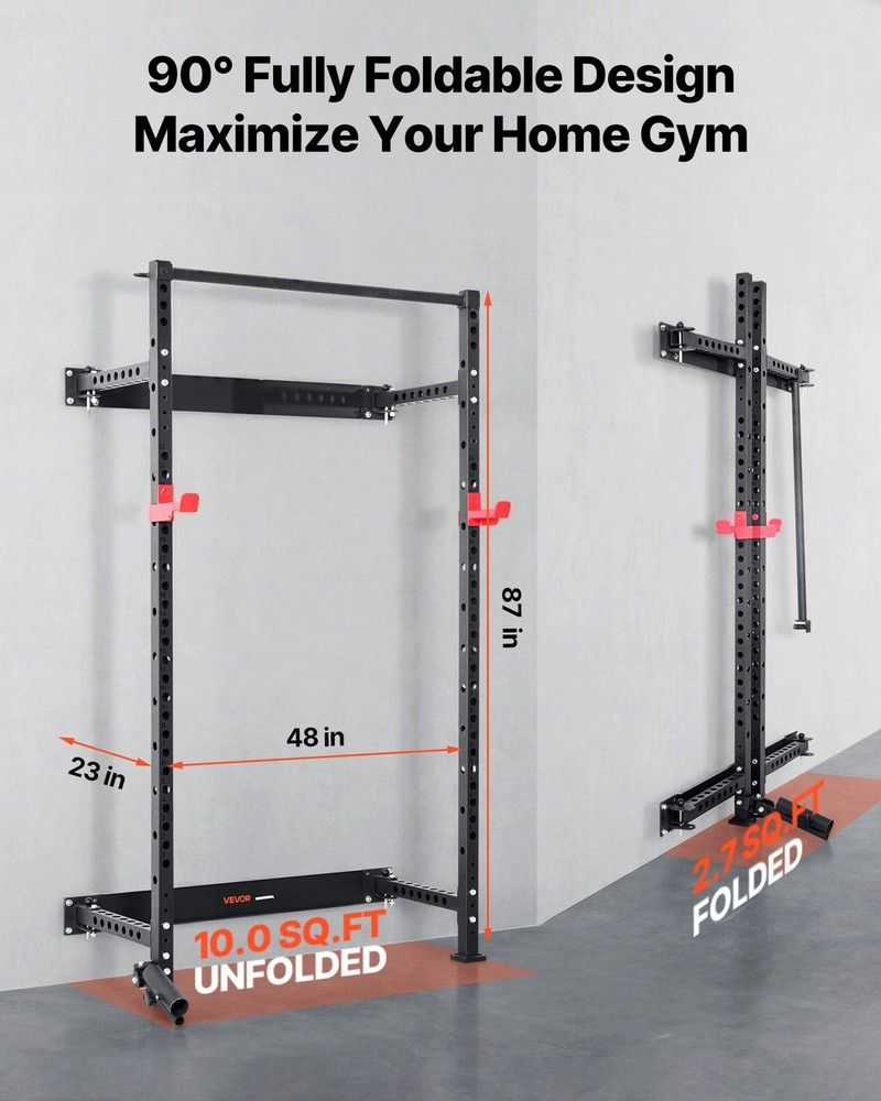 Wall-Mounted Folding Power Rack: 1000LB Capacity, Adjustable J-Hooks & Bar