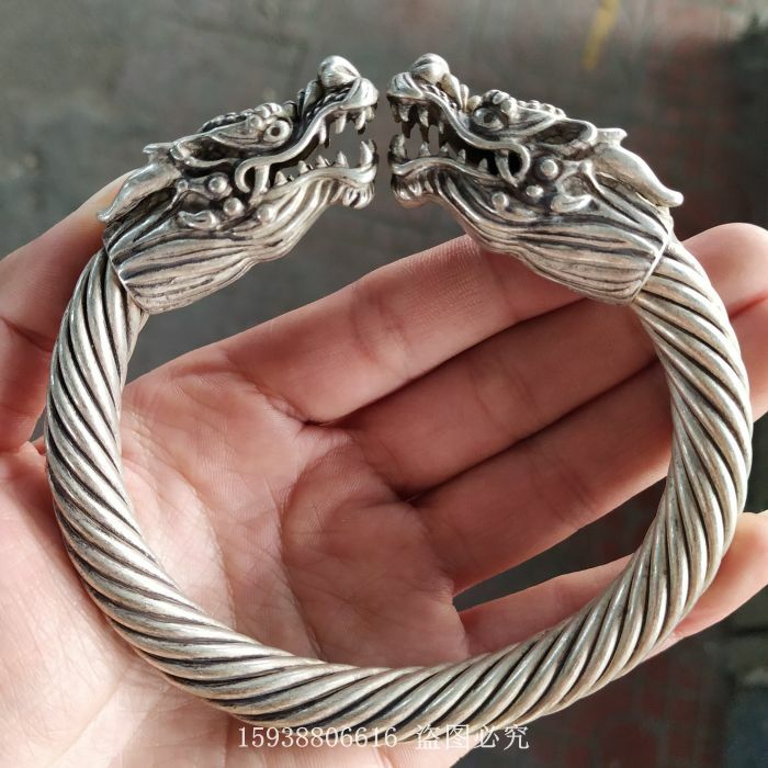 China old Tibetan silver Double headed Dragon Silver Bracelet Men's bracelet