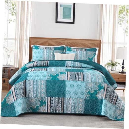 Patchwork Quilt Set Size,3 Pieces Turquoise Boho Bedspread Coverlet King Teal