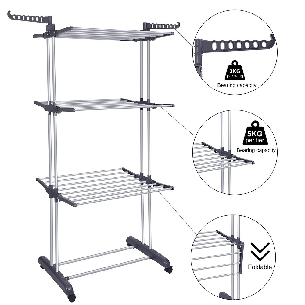 Folding Laundry Rack, 4 Tier Stainless Steel Clothes Drying Rack, Grey