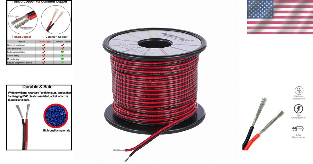 22 AWG Electrical Wire - Versatile 100ft Red/Black 2-Pin DC Cable