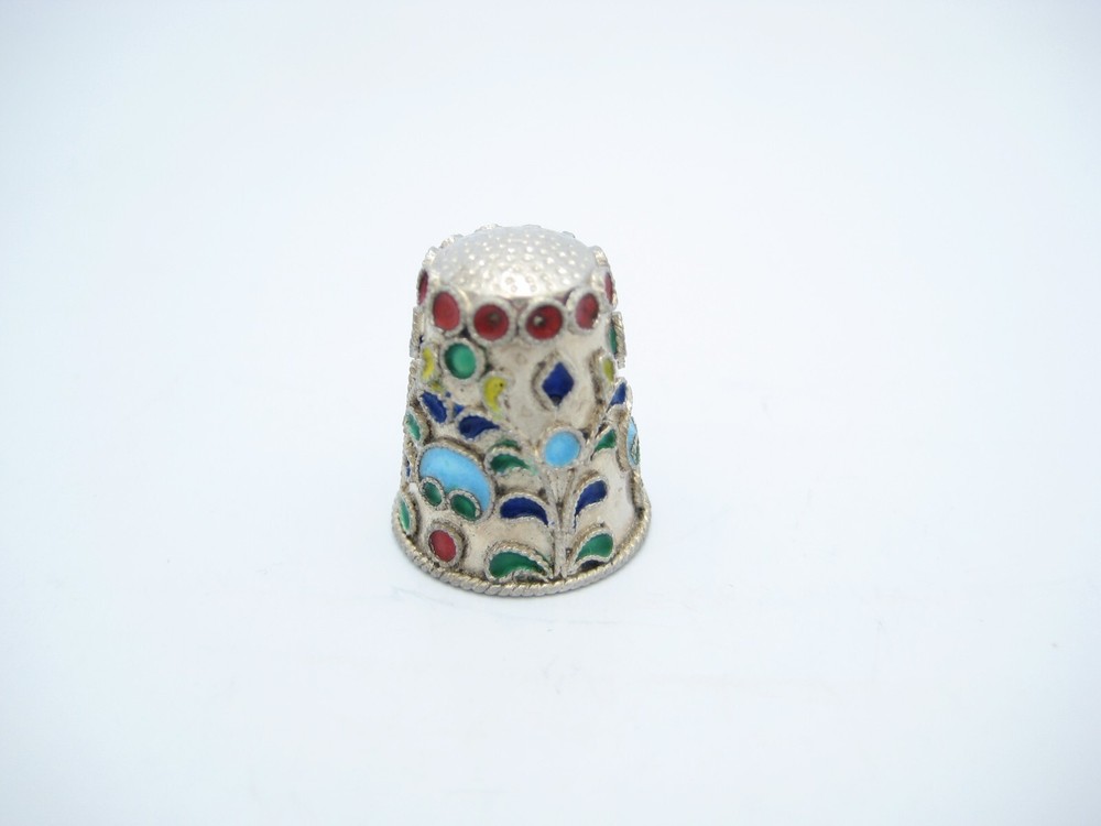 Antique Sterling Silver Sewing Colored Enamel Design Thimble