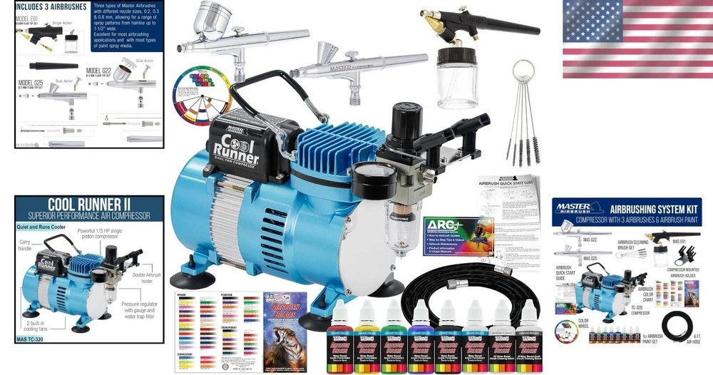 Versatile Airbrush Set with Compressor, 6 Acrylic Colors & User-Friendly Guide