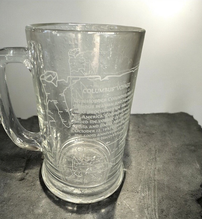 Christopher Columbus The PINTA Etched Glass Beer Mug Stein Nautical compass