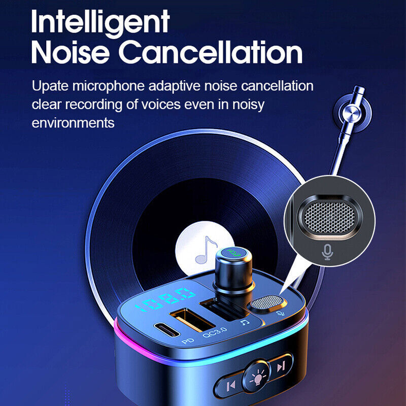 Bluetooth 5.0 Car Wireless FM Transmitter Adapter 2USB PD Charger AUX Hands-Free