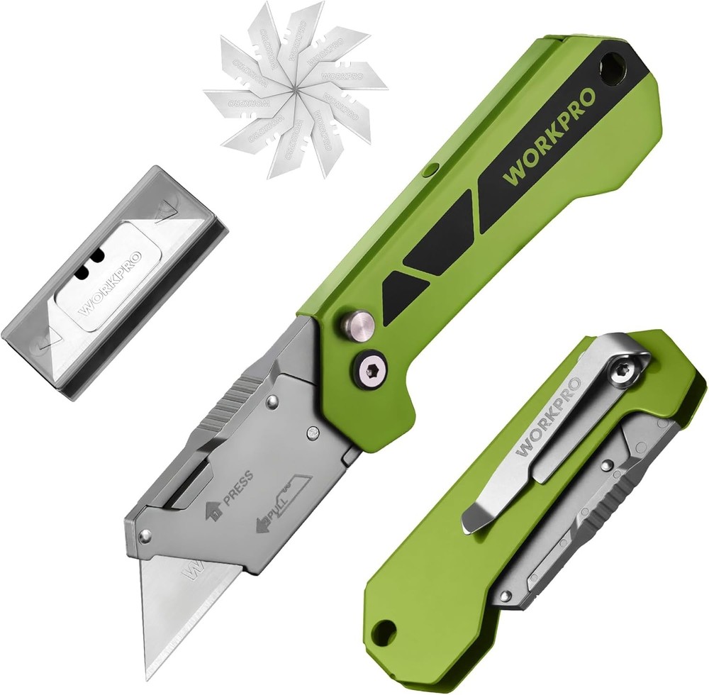 WORKPRO Pocket Folding Utility Knife Box Cutter Quick Change Axis Lock 10 Blades