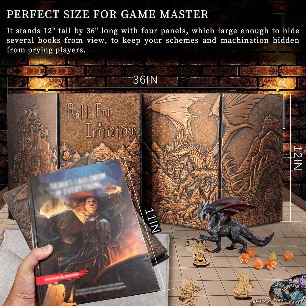 Faux Leather Dungeon Master Screen Embossed Dragon Mimic Four-Panel with Pockets