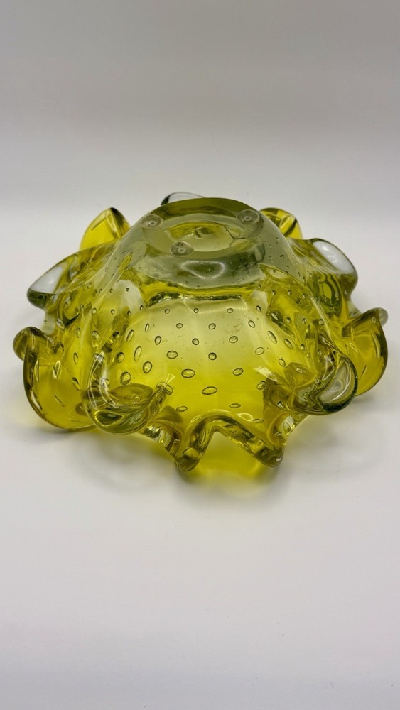 Vtg Murano Double Ruffled Controlled Bubbles Console Dish Ashtray Lime Yellow