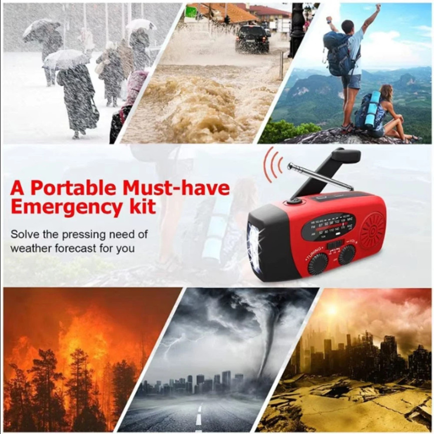Solar Radio Hand Crank With LED Flashlight Multifunctional Emergency for Camping