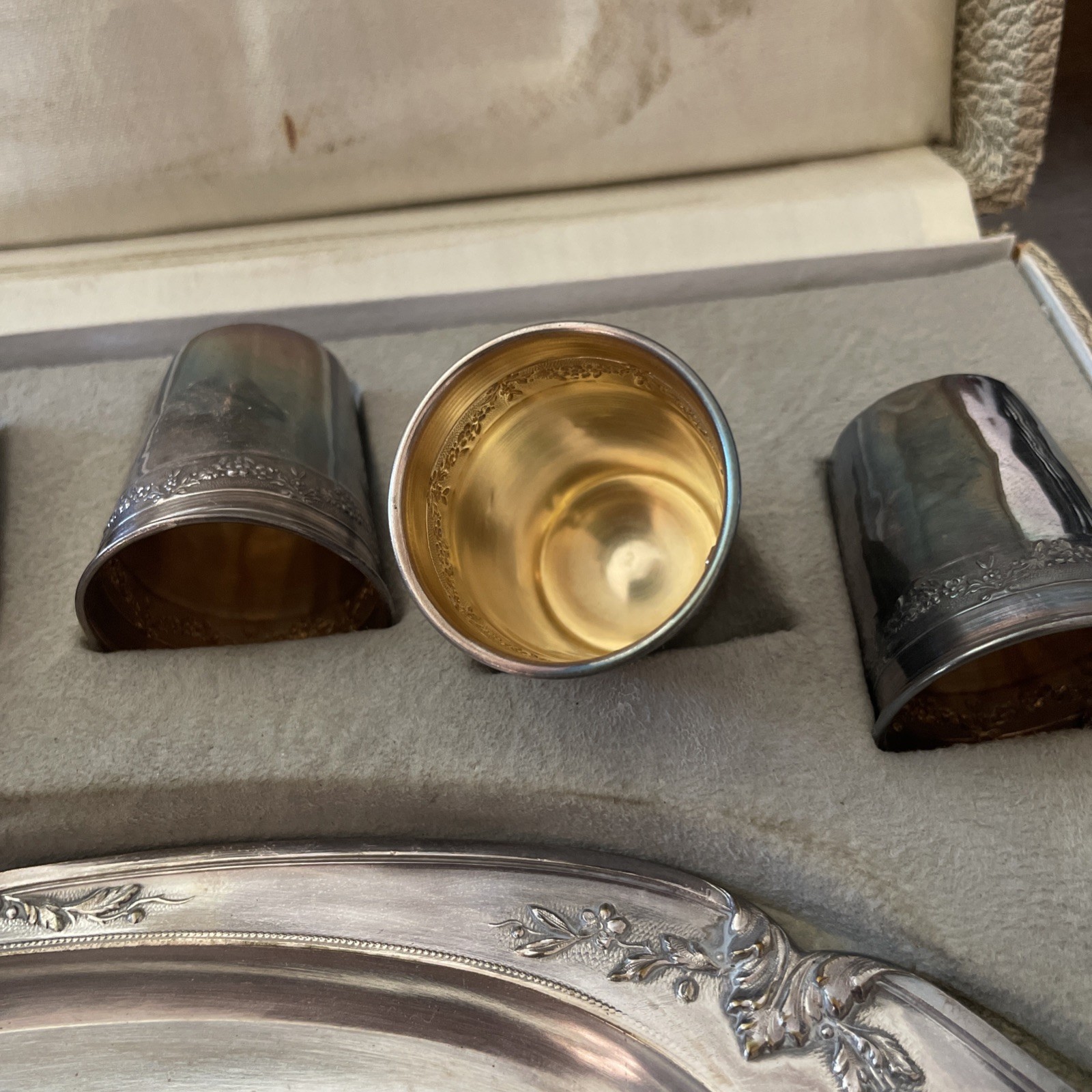 6pc Antique French Solid Silver Cordial Shot Cup Set & Tray In Case 1890s