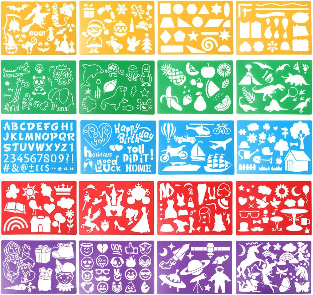 Kids Drawing Stencils Set, 20 Pcs Plastic Stencil Kit 300+ Patterns Drawing Temp