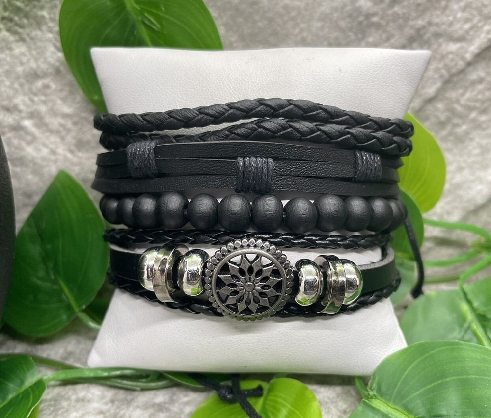 4 PC Leather Punk Bracelet Stackable Adjustable Tie New Free Ship B2777