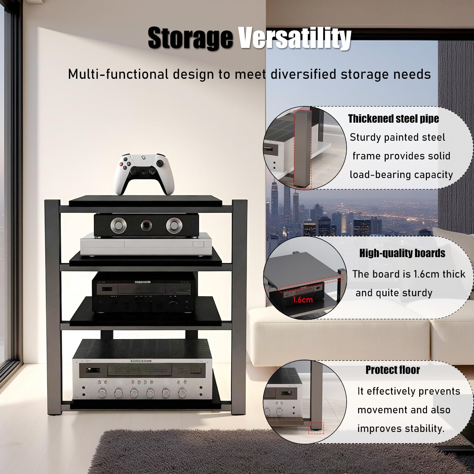 Heavy Duty Audio Rack Tower, Av Media Player Stand with Wooden Shelves, Black...