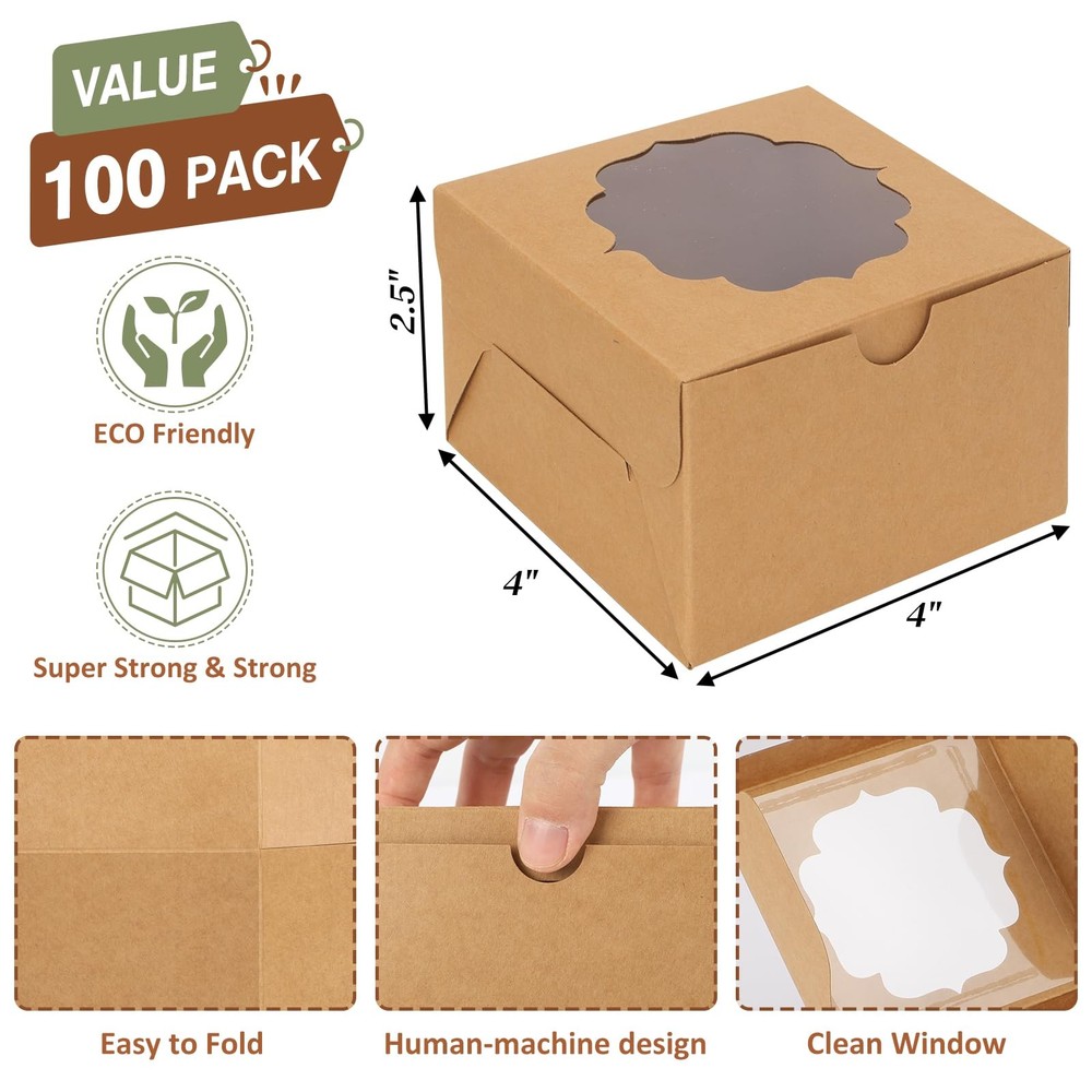100pcs 4x4x2.5 Small Cookie Boxes, Mini Dessert Boxes with Window for Cupcake...