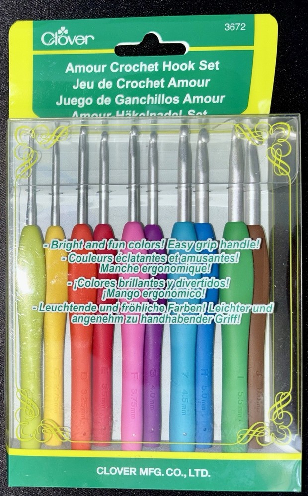 Clover Amour Crochet Hook 10pc Set Assorted Sizes New Yarn Thread Fabric 3672