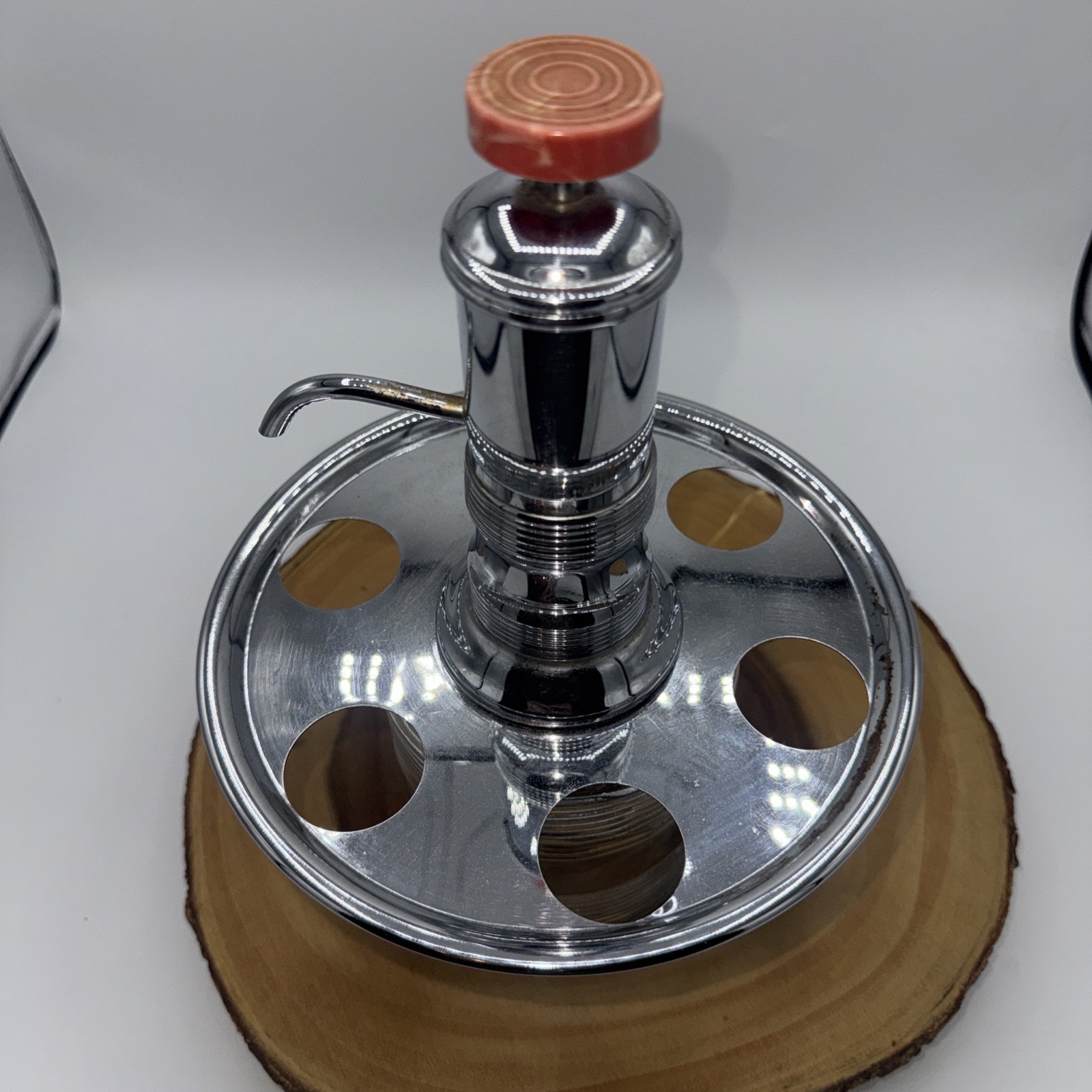 Vintage Liquor Dispenser Pump & Glass Decanter W/6 Shot Glasses W/Chrome Tray