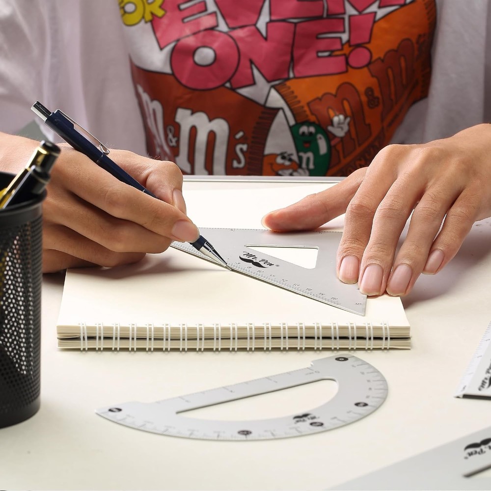 Metal Geometry Kit - 4Pack Set Square, Protractor, Aluminum Ruler, Drafting Tria