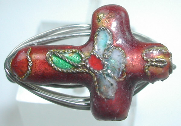 Wire Wrapped Cloisonne Cross Bead Ring Handcrafted