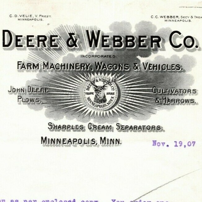 Scarce 1907 John Deere / Deere & Webber Letterhead - Question About Placed Order