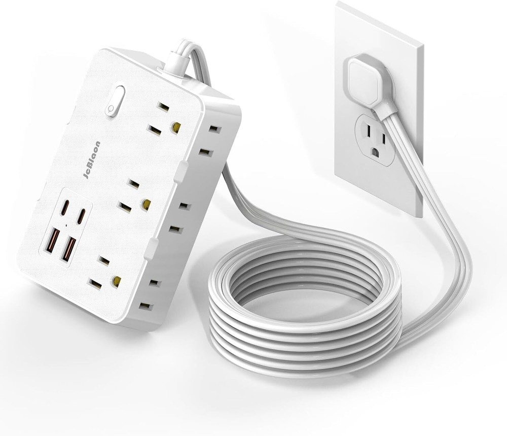 Flat Plug Power Strip Surge Protector, 5ft Ultra Thin Extension Cord White
