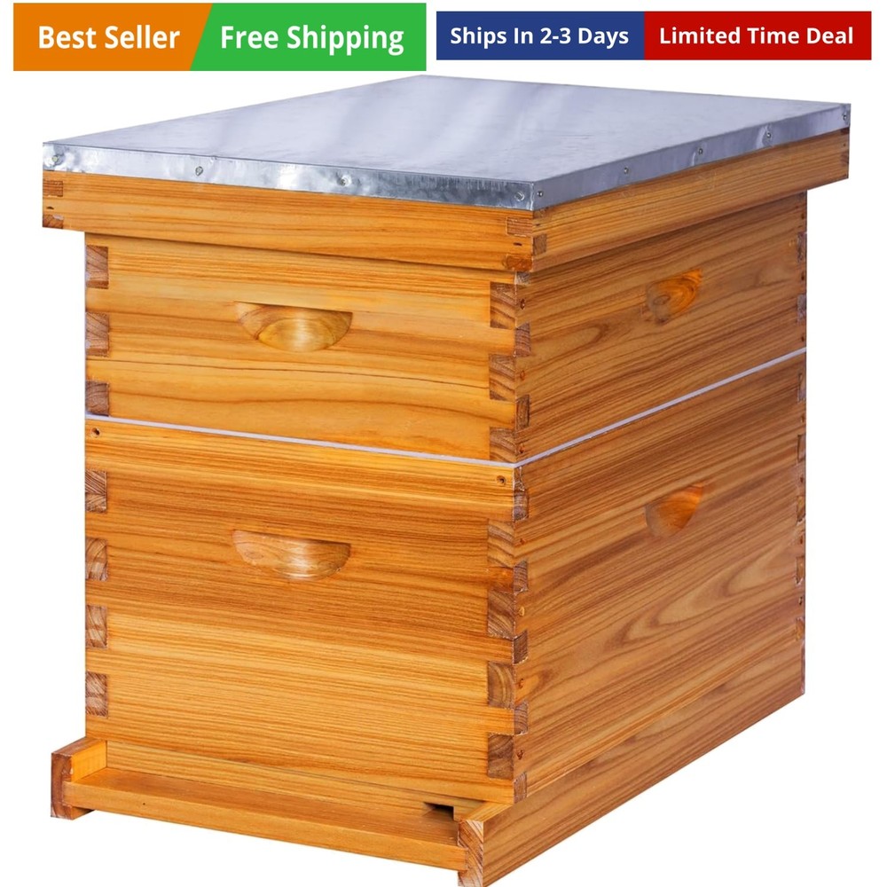 8-Frame Beehive Complete Bee Hive Boxes Starter Kit Dipped in Beeswax Include...