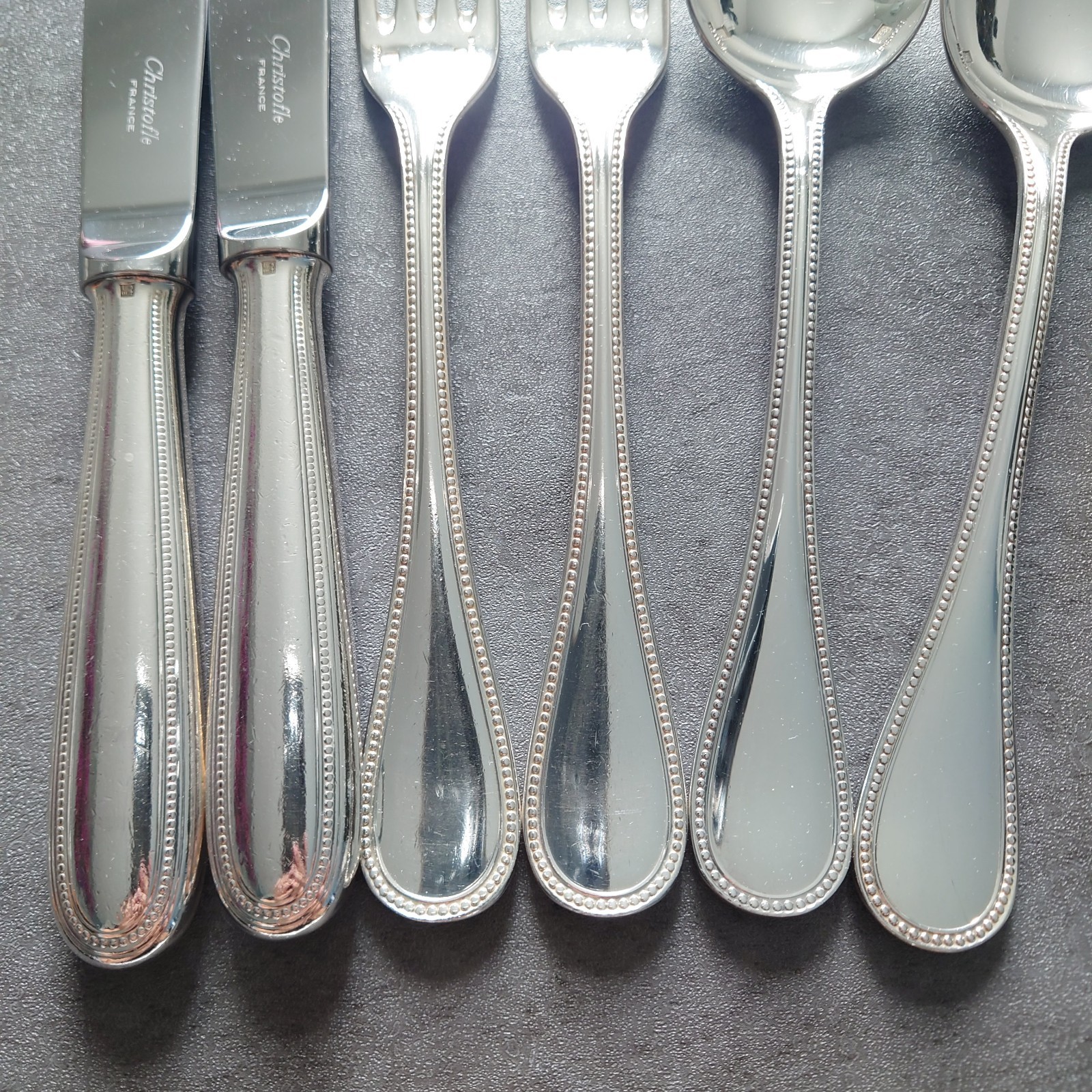 Christofle Perles 10pcs Silverplate Flatware Standard Knife Fork Spoon Very Good