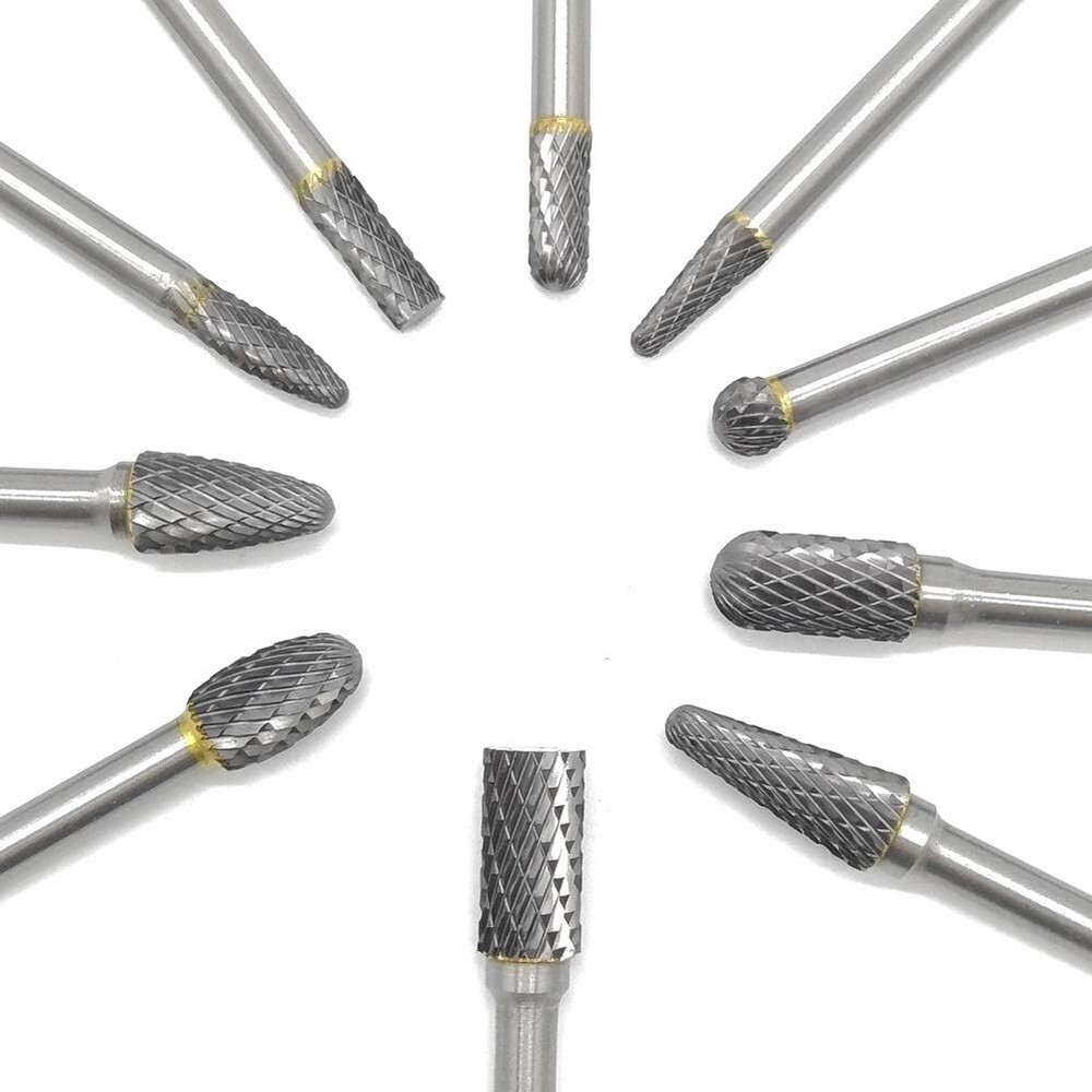 10Pcs Carbide Burrs Set 1/4" Shank Double Cut Die Grinder Bits Assorted Solid