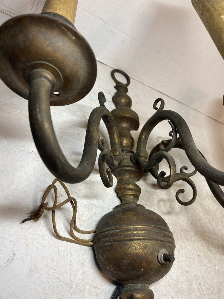 Antique Pair Brass Wall Hanging 3 Socket Light Sconces