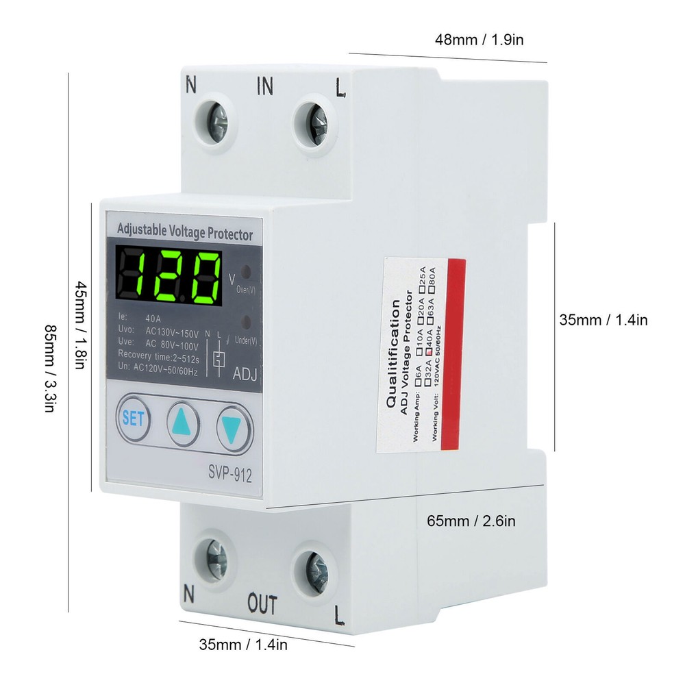 SVP‑912 120VAC Adjustable Automatic Reset Voltage Current Protector 40A/63A/80A