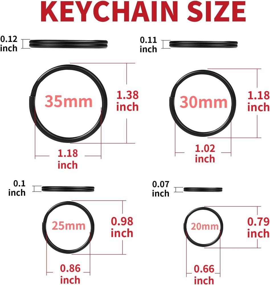 40 Pack Black Key Ring Keychain Assorted in 4 Sizes Metal Round Split Key Chains