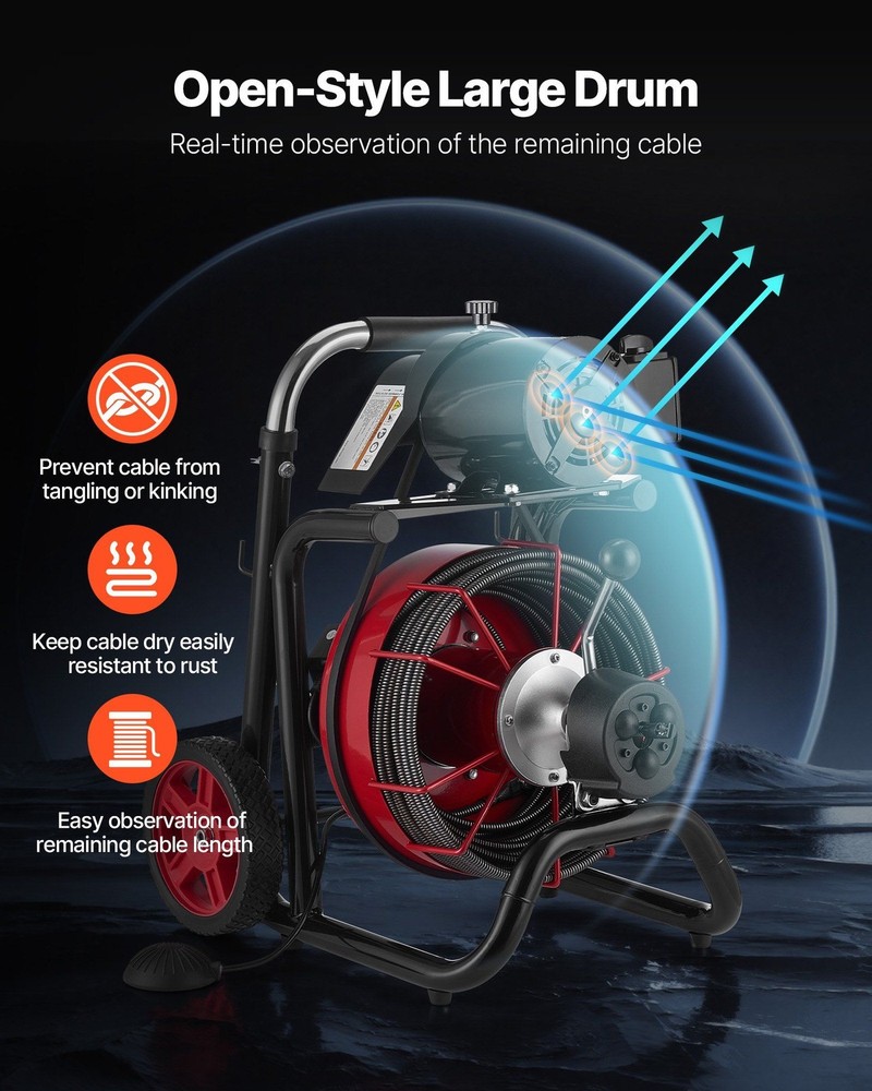 100FT Drain Cleaner Machine: Steel Cable, Foot Switch, Telescopic Handle