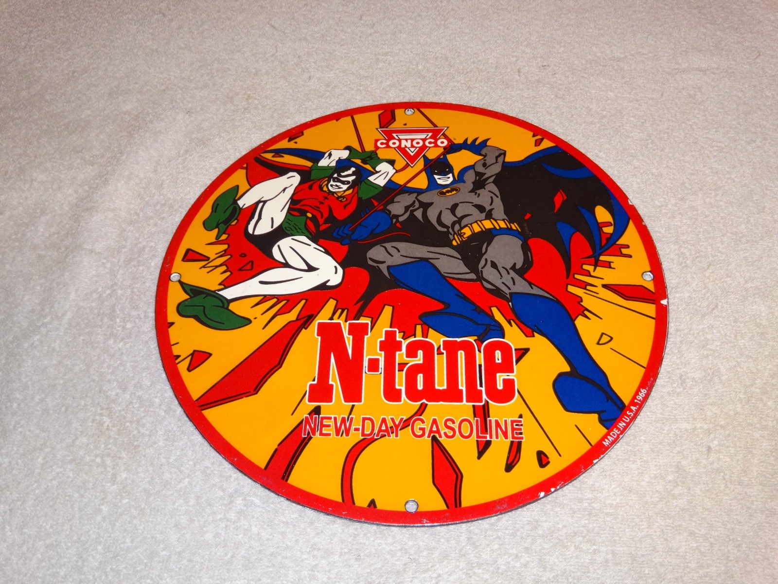 VINTAGE 1966 CONOCO GASOLINE W/ BATMAN & ROBIN 11 3/4" PORCELAIN METAL OIL SIGN!