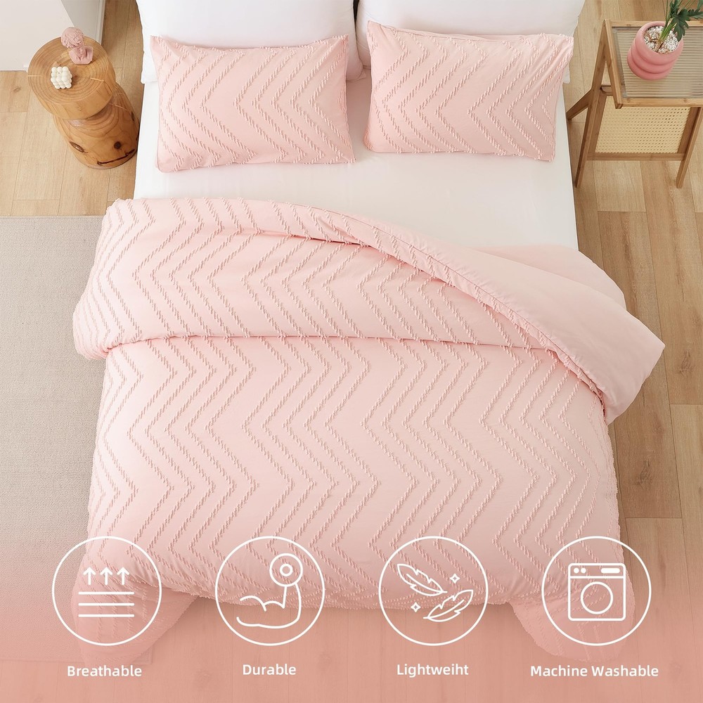Pink Full Comforter Set 3Pcs, Boho Blush Full Size Bedding Set, Vertical Tuft...