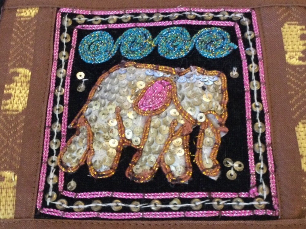 Square Boho Pouch Puffy Elephant w/Sequins Black Cord Strap