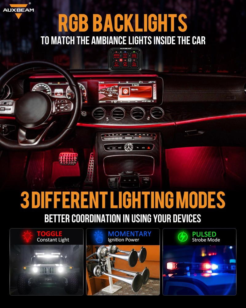 AUXBEAM RA60 RGB 6 Gang Switch Panel Toggle Momentary Pulsed Automatic Dimmable