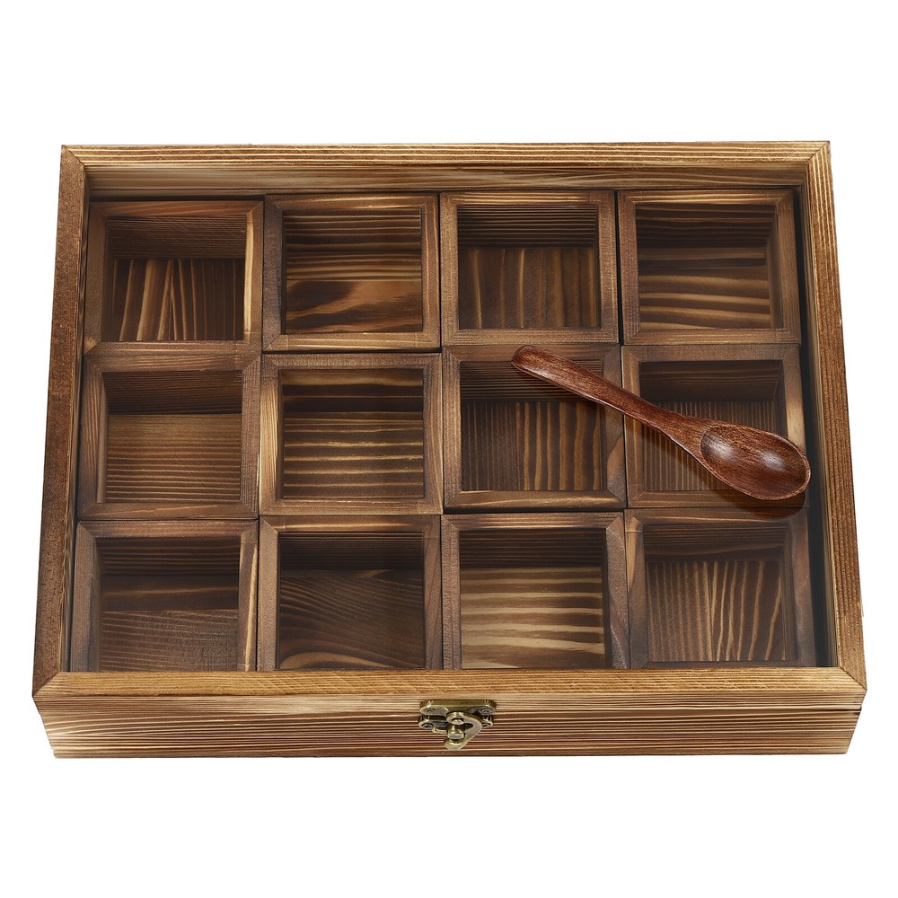 12-Compartment Wooden Spice Box with Spoon - Elegant Kitchen Storage Solution