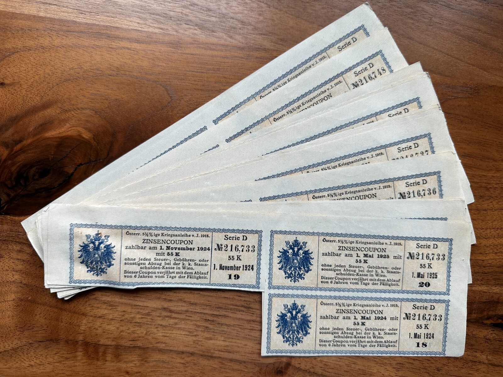 One (1) Austria 55 Kronen 5.5% war loan interest coupon (Zinsencoupon) 1924