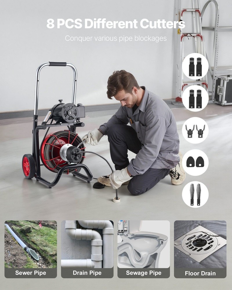 100FT Drain Cleaner Machine: Steel Cable, Foot Switch, Telescopic Handle