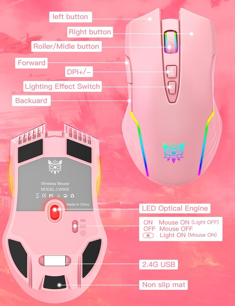 Wireless Mouse Ergonomic Optical RGB Backlit 6 Adjustable DPI 3600 Cordless