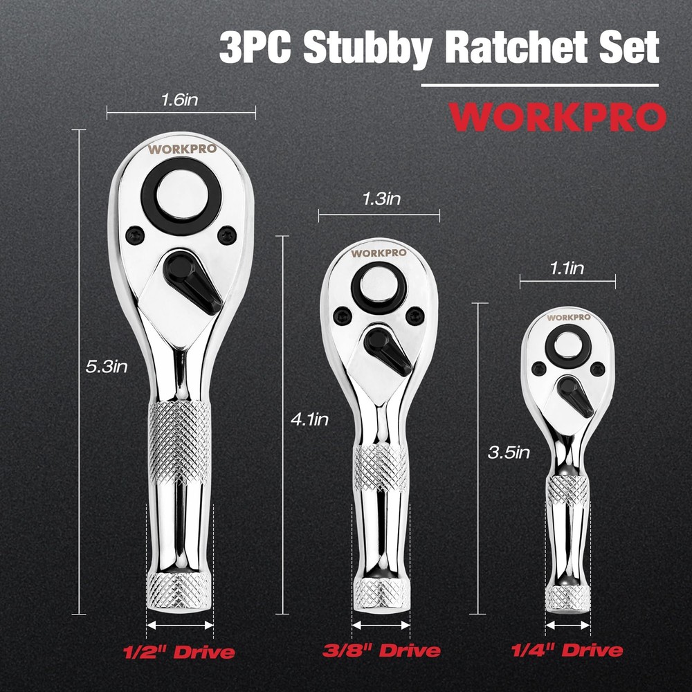WORKPRO 3-Piece Stubby Ratchet Set, Quick Release 3pc ratchet set, Silver