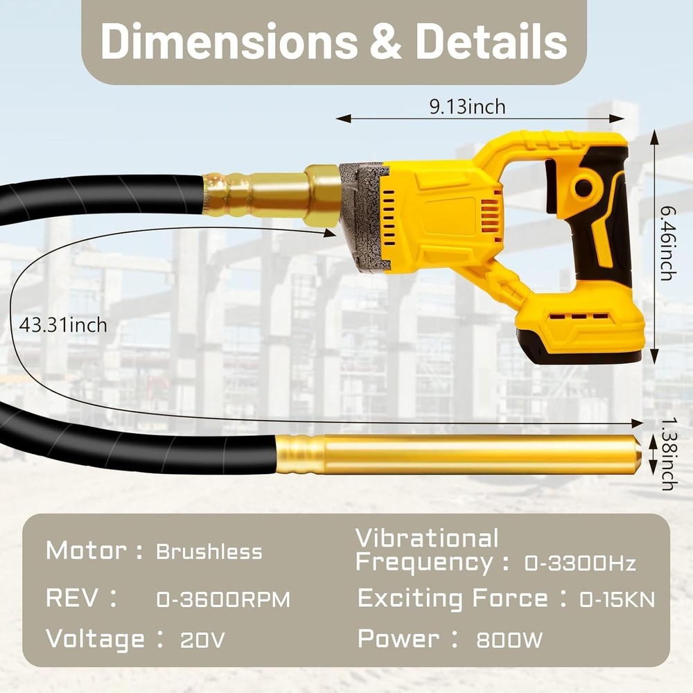 Handheld Concrete Vibrating Tool, Compatible with Dewalt 20V Battery......