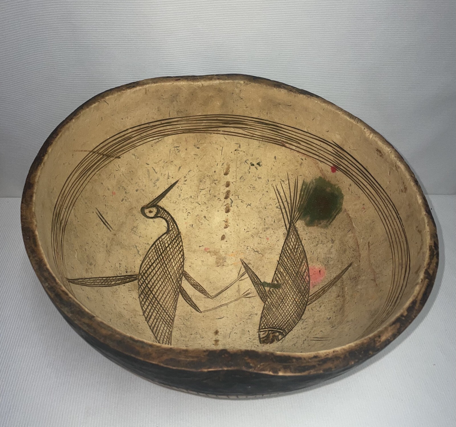 Vintage Large African Carved Gourd With Fish Bird And Scorpion Motif -Bowl