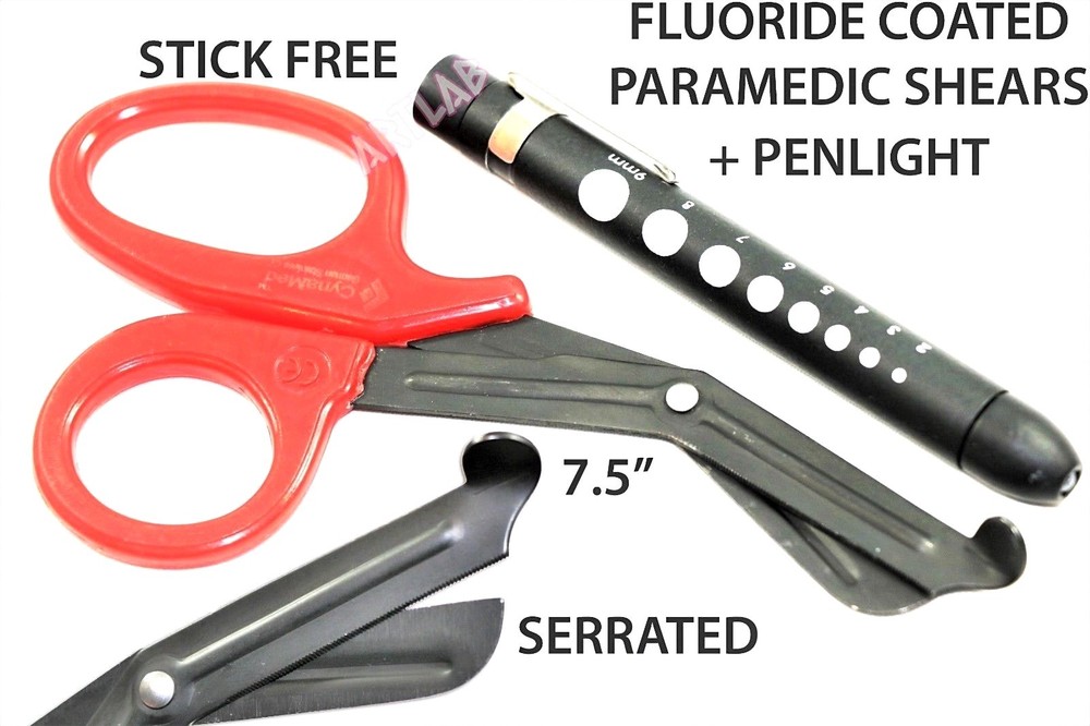 7.5" UTILITY PARAMEDIC SCISSORS SHEARS SERRATED FLUORIDE COATED + PENLIGHT REUSE