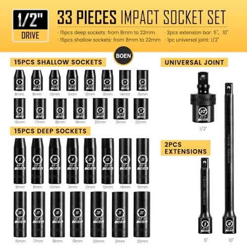 1/2" Drive Impact Socket Set, 33 Piece Deep & Shallow 33Pcs Shallow&Deep