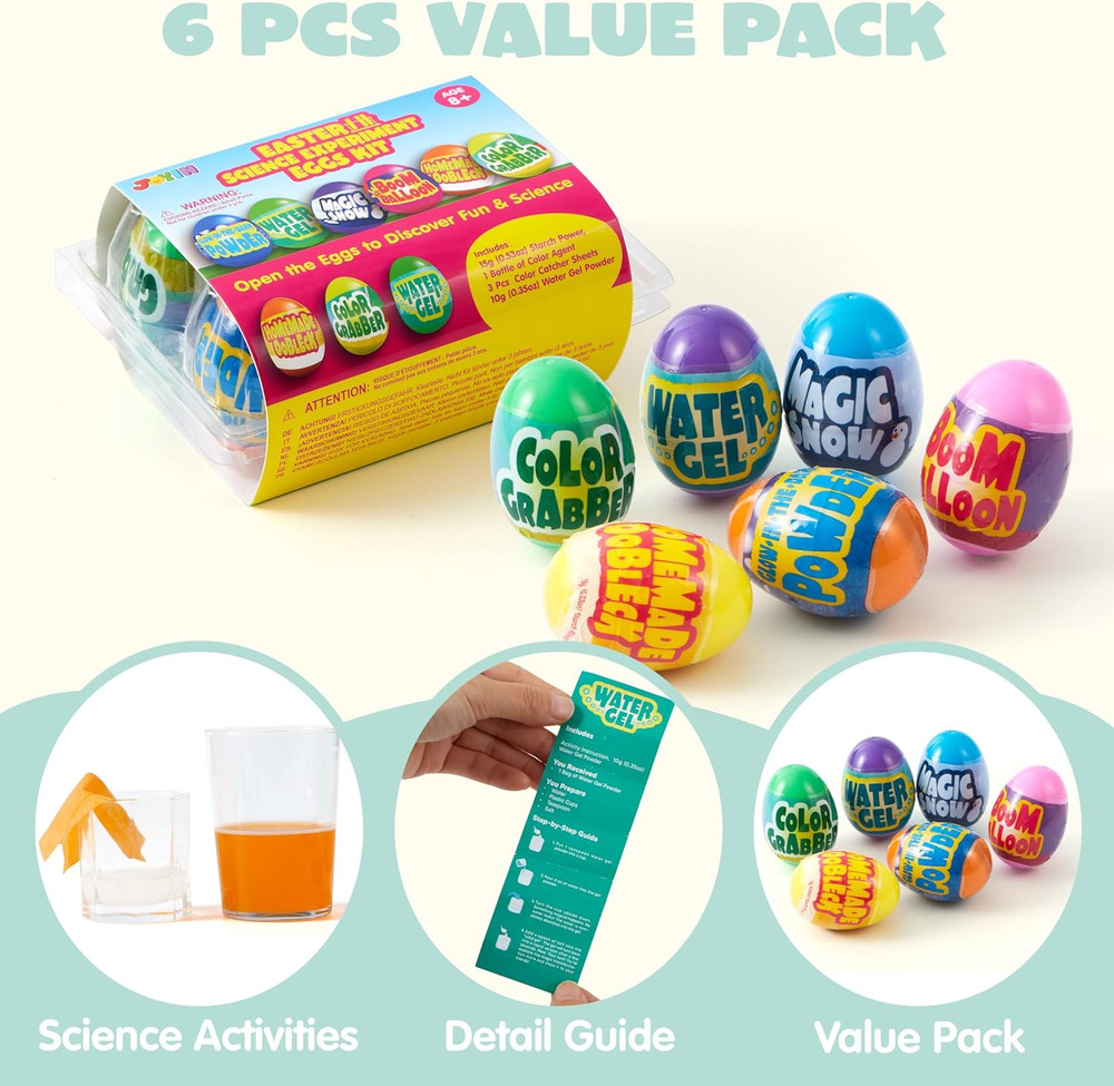 6Pcs Prefilled Easter Eggs with Toys, Plastic Eggs with Science Experiment, Bask