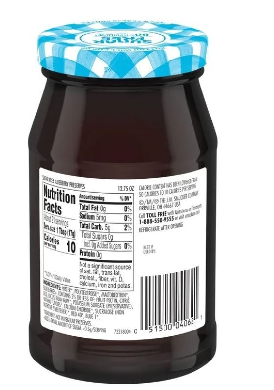 2 pack Smucker's: Blueberry Sugar Free Preserves, 12.75 oz New
