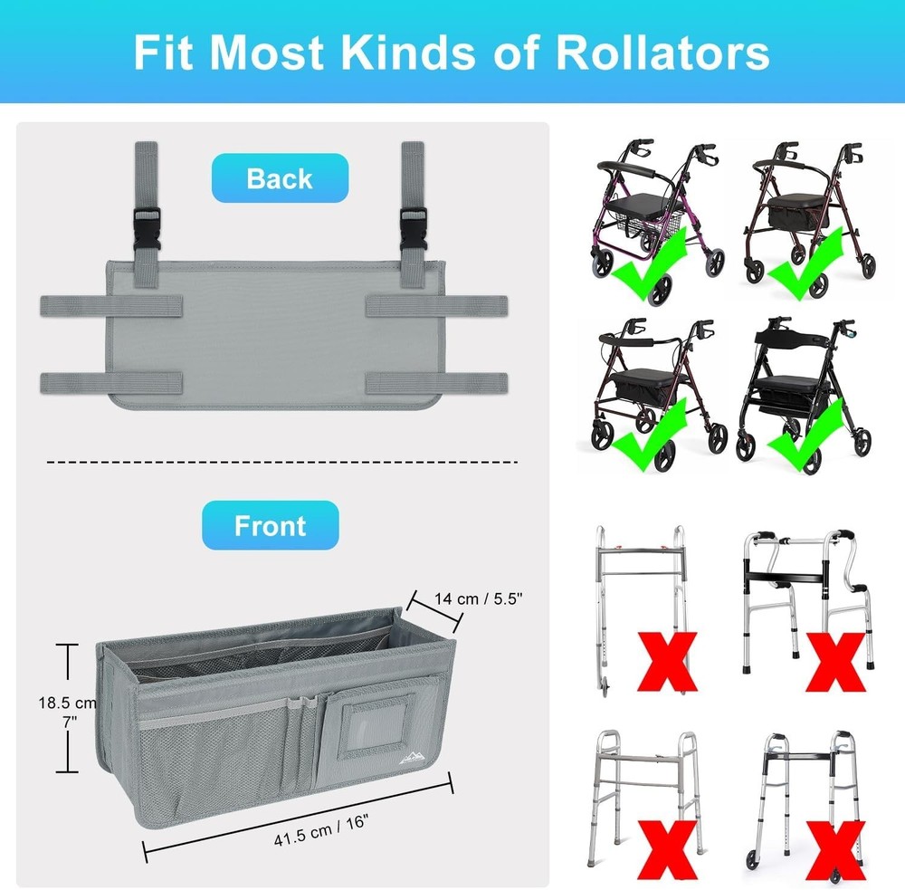 Rollator Basket, Rollator Walker Bag w/Cup Holder, Foldable Rolling Walker Wa...