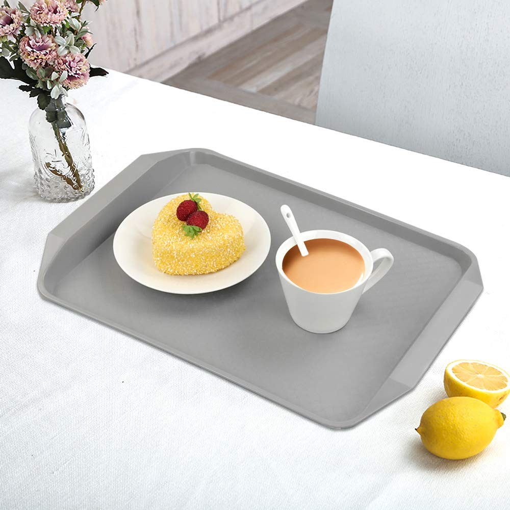 4 Pack Rectangular Plastic Fast Food Trays Cafeteria Serving Grey Beige